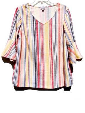 chloe  + rene Linen Rayon Striped Bell-Sleeve Blouse Size IX